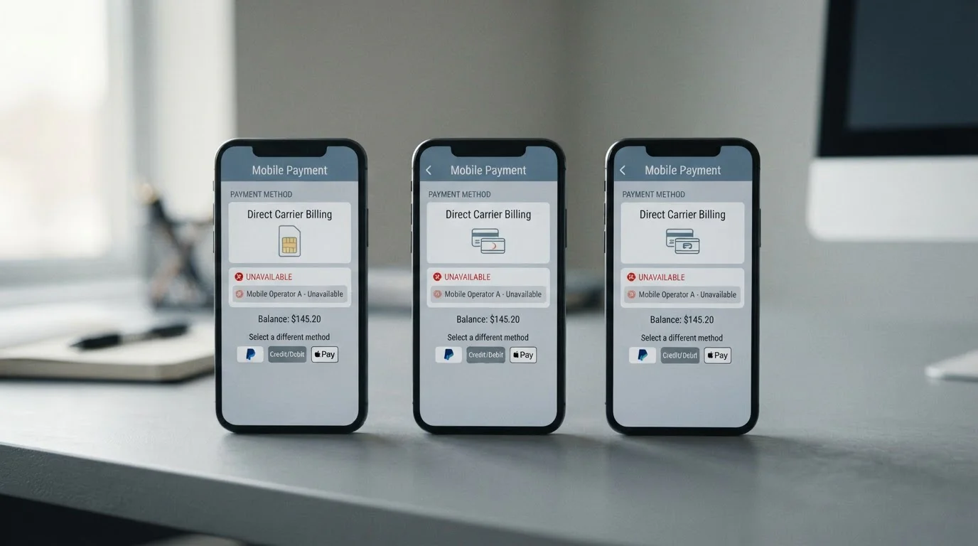 Tři mobilní telefony se symboly českých operátorů demonstrující nedostupnost direct carrier billing