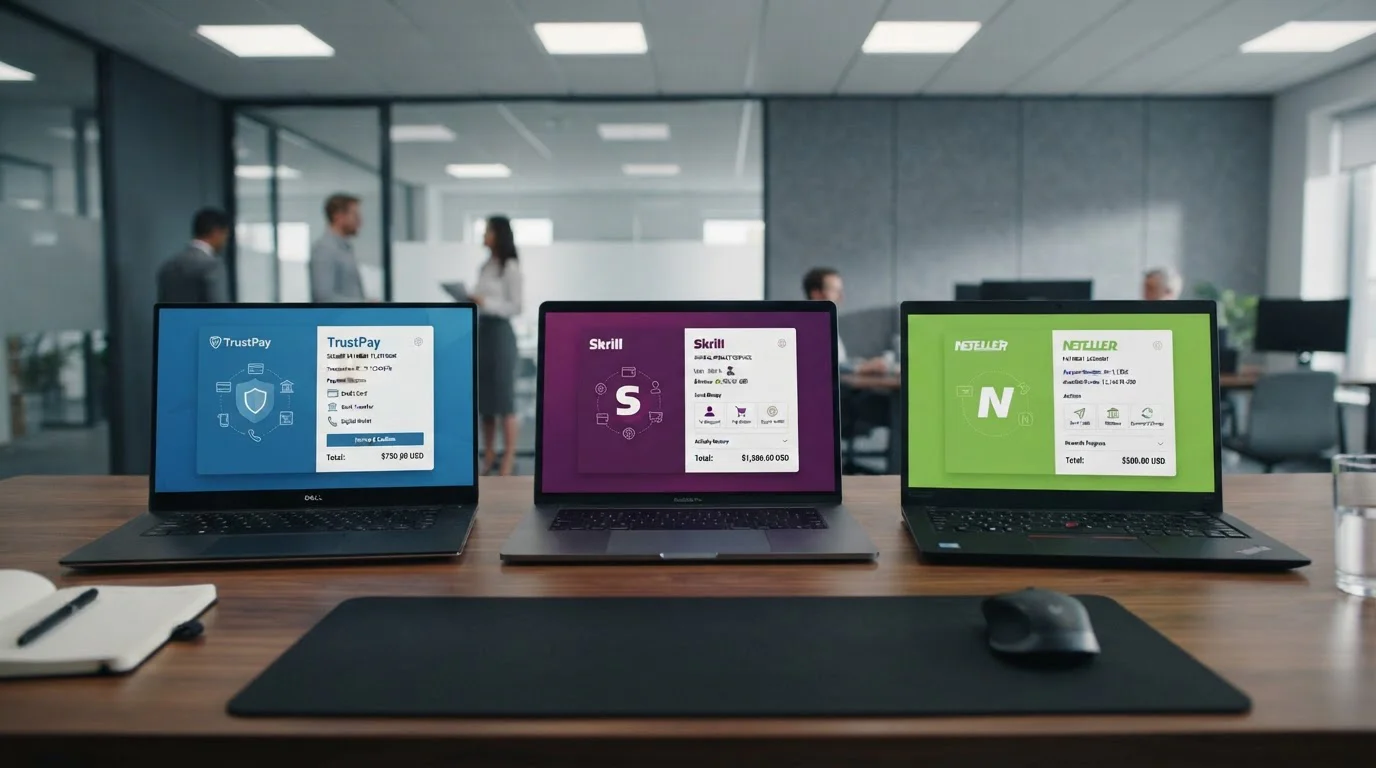 Tři platební metody zobrazené vedle sebe na obrazovkách — TrustPay, Skrill, Neteller — neutrální business prostředí