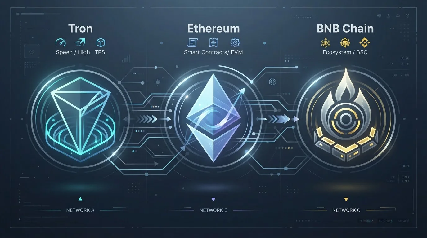 Porovnání blockchainových sítí TRC-20, ERC-20 a BEP-20 na infografice