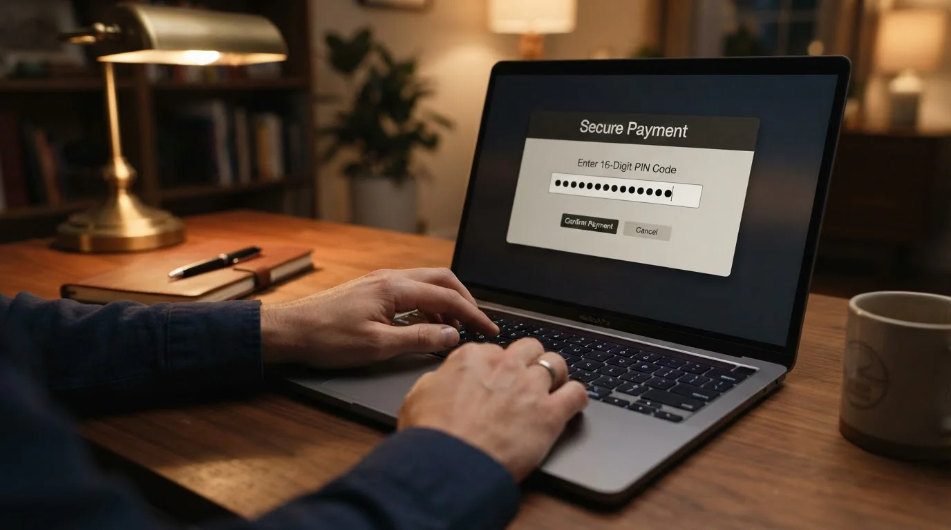 Osoba u počítače zadávající šestnáctimístný paysafecard PIN kód do casino pokladny
