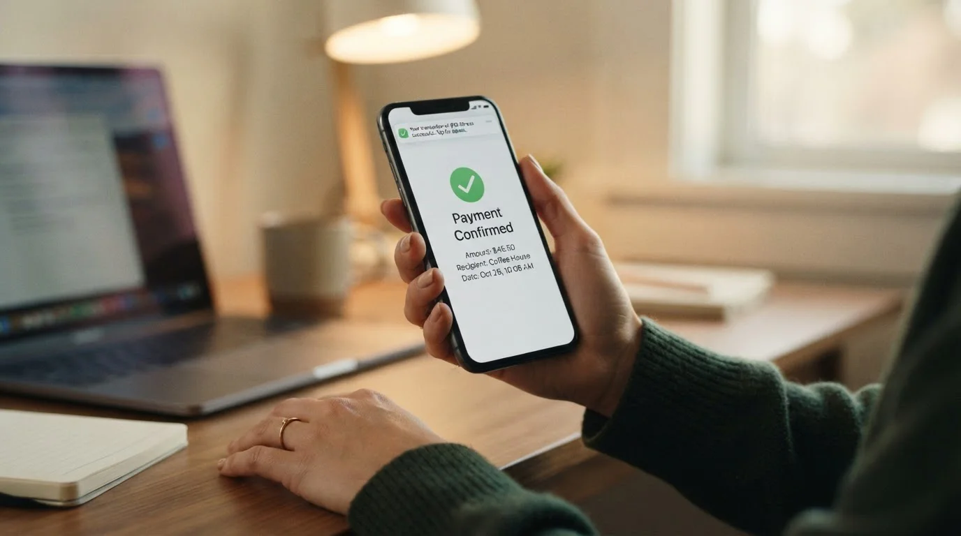 Ruka drží telefon s potvrzením platby, motiv vkladu přes Revolut do online kasina