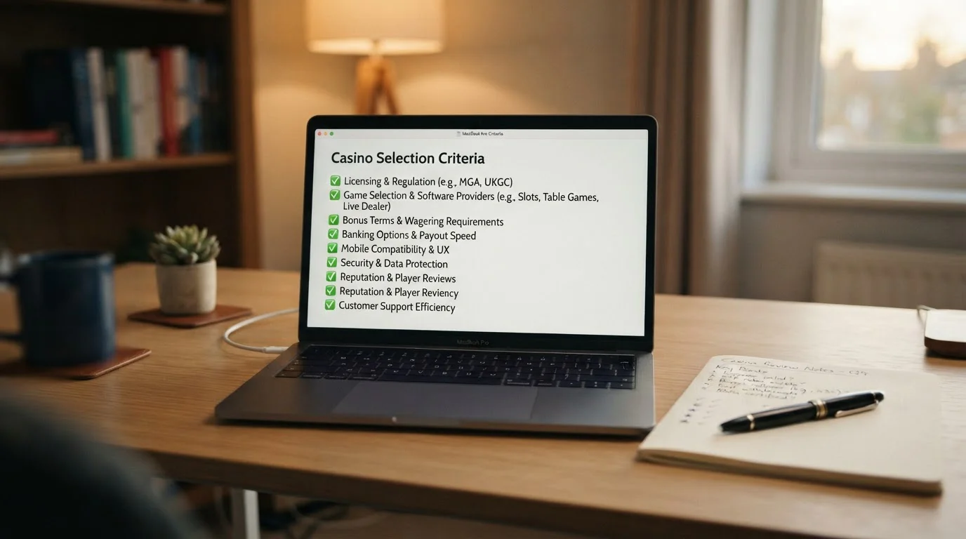 Notebook s checklist kritérií výběru kasina, pero a poznámky na papíře