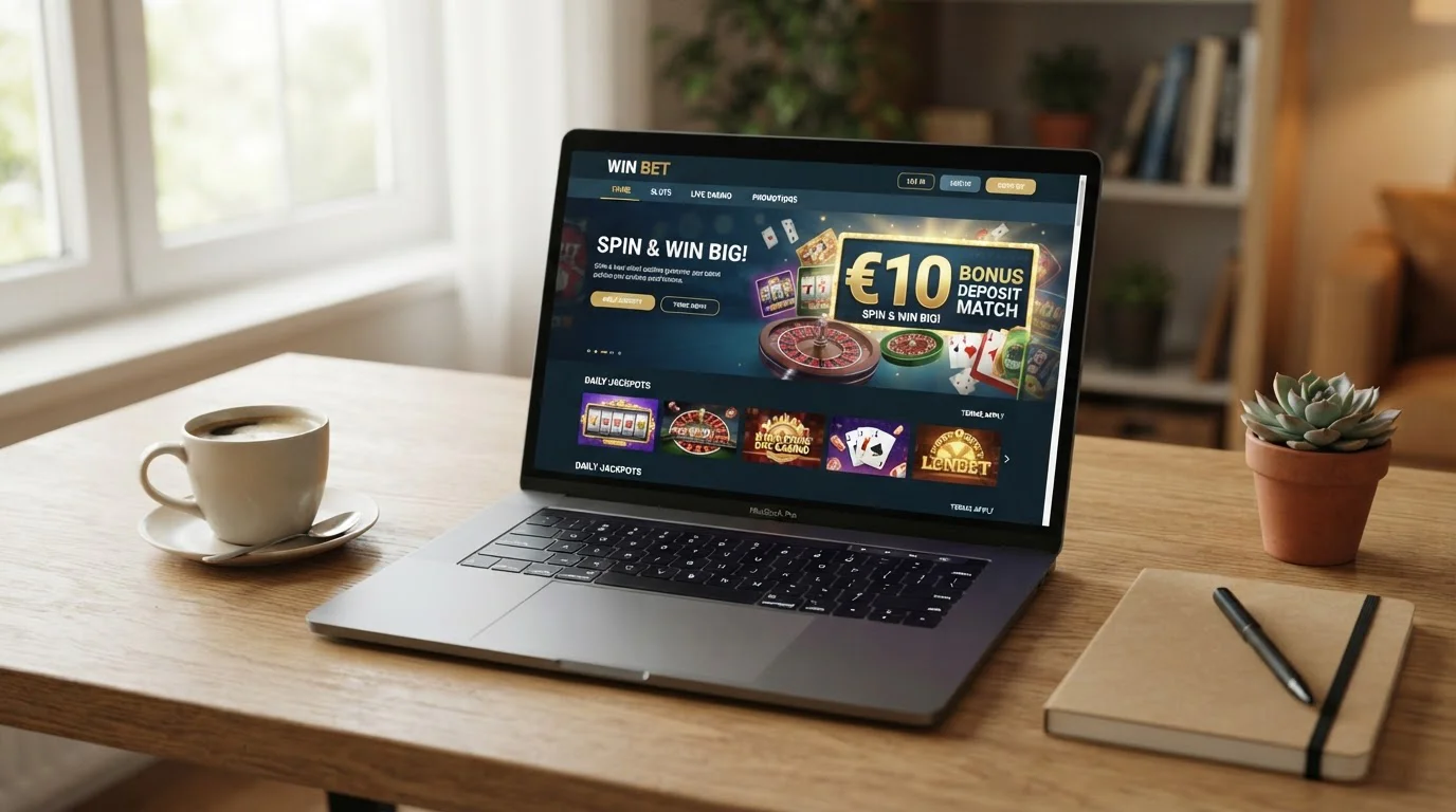 Moderní notebook s otevřeným online kasinem a symbolem 10 euro